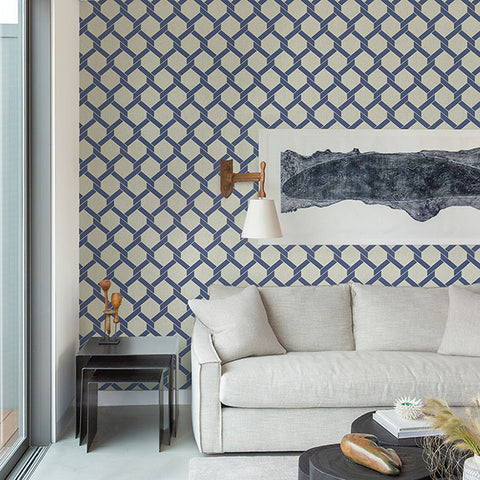 2971-86308 Payton Blue Hexagon Trellis Wallpaper
