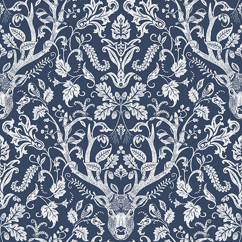 3118-12703 Kiwassa Navy Antler Damask Wallpaper