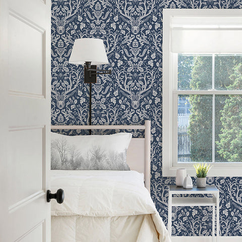 3118-12703 Kiwassa Navy Antler Damask Wallpaper