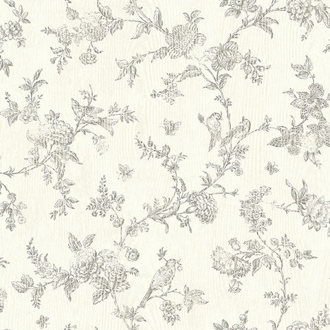 3119-02193 French Nightingale Taupe Floral Scroll Wallpaper
