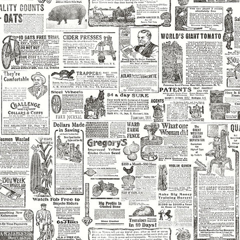 3119-13081 Underwood Black Vintage Newspaper Wallpaper