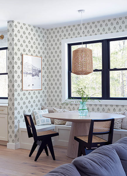 3122-11300 Ervic Charcoal Leaf Block Print Wallpaper