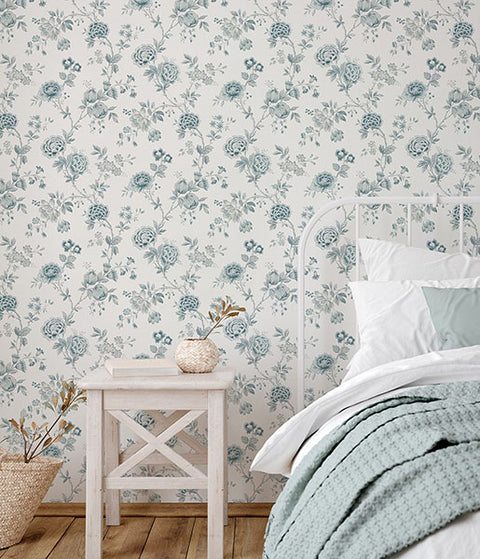 3123-02215 Chrysanthemum Teal Jacobean Wallpaper