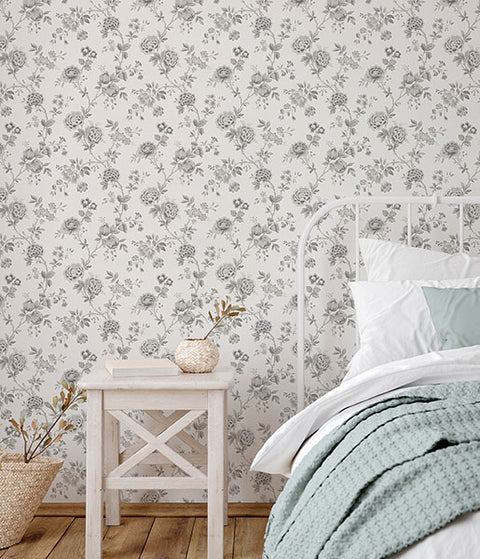 3123-02216 Chrysanthemum Grey Jacobean Wallpaper