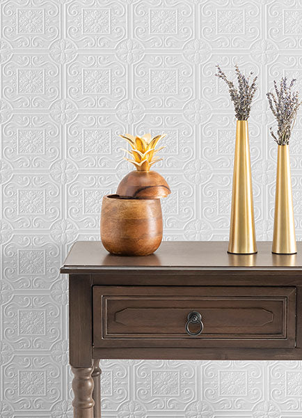 4000-59001 Ibold White Tin Ceiling Scroll Paintable Wallpaper