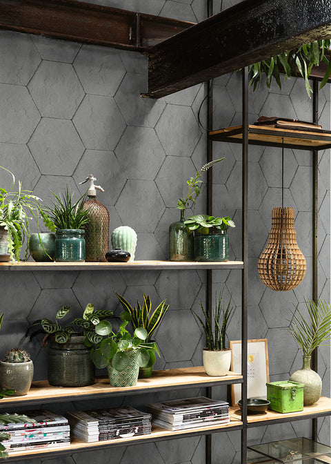 4015-427127 Bascom Dark Grey Stone Hexagon Wallpaper