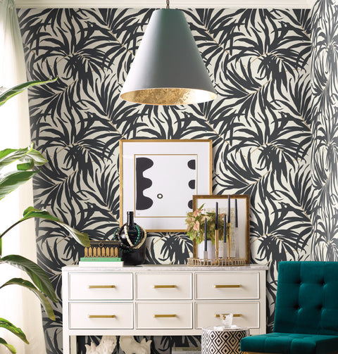 AT7056 Black Gold Bali Leaves Wallpaper