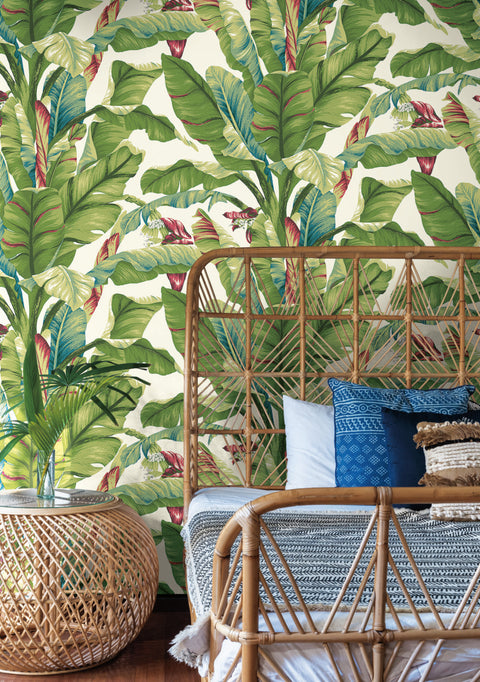 AT7068 White Green Banana Leaf Wallpaper