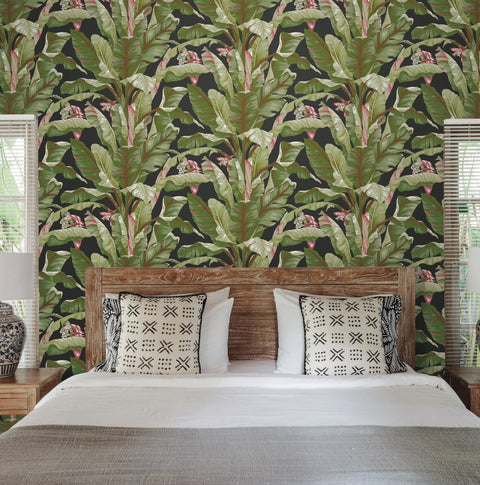 AT7071 Black Green Banana Leaf Wallpaper