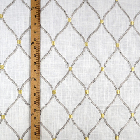 Deane Embroidery Smoke Wavely Linen Trellis Fabric