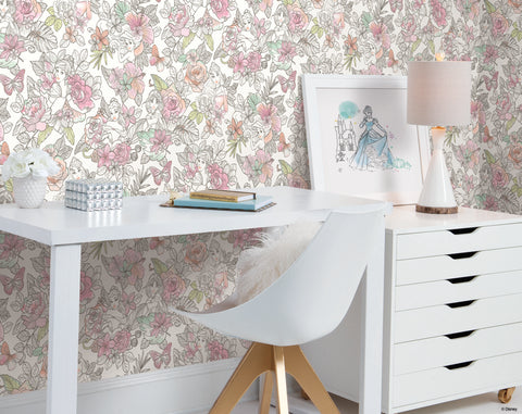 DI0966 Coral Disney Princess Royal Floral Wallpaper