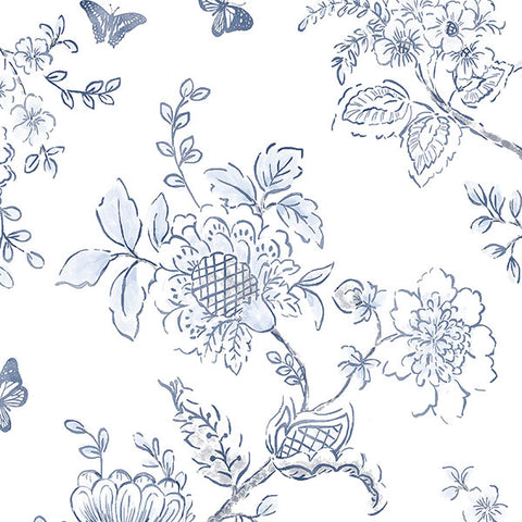 FH37539 Blue on White Butterfly Toile Wallpaper