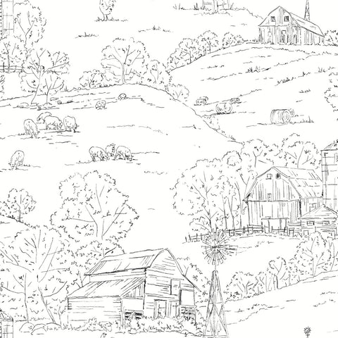 FH4031 Black/White Pasture Toile Wallpaper
