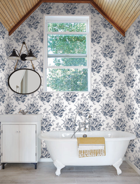FH4087 Navy/White Heritage Rose Wallpaper