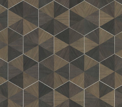 HO2103 Brown/Black Hexagram Wood Veneer Wallpaper
