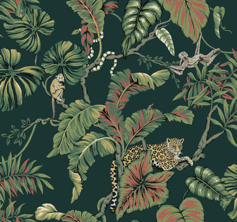HO2146 Dark Green Jungle Cat Wallpaper