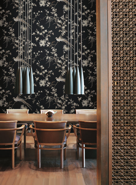 KT2173 Black Bird And Blossom Chinoserie Wallpaper