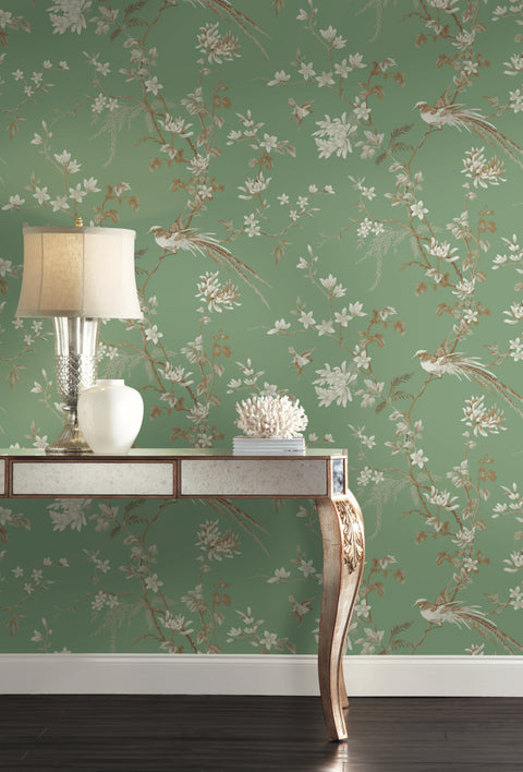 KT2175 Green Bird And Blossom Chinoserie Wallpaper
