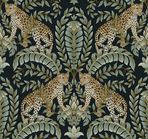 KT2205 Black/Green Jungle Leopard Wallpaper