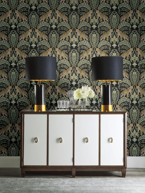 KT2205 Black/Green Jungle Leopard Wallpaper