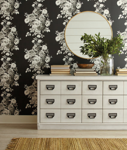 Tea Rose Black/White on Black Magnolia Home Vol. II Wallpaper