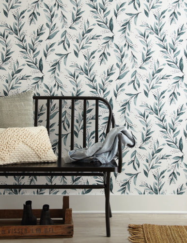 ME1536 Teal Green Watercolor Olive Branch Joanna Gains Magnolia Home Wallpaper