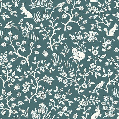 ME1574 Teal Green Fox & Hare Weekends Toile Joanna Gaines Magnolia Home Wallpaper
