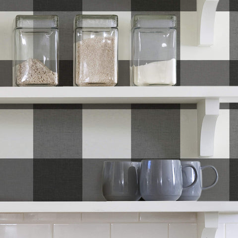NUS3624 Farmhouse Plaid Charcoal & White 5 inch Buffalo Check Peel and Stick Wallpaper