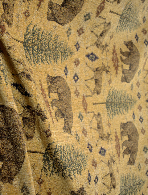 Ottawa Gold Lodge Bear Deer Pine Tree Chenille Upholstery Fabric