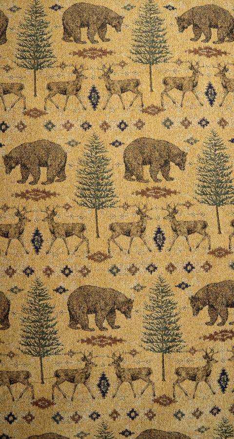 Ottawa Gold Lodge Bear Deer Pine Tree Chenille Upholstery Fabric