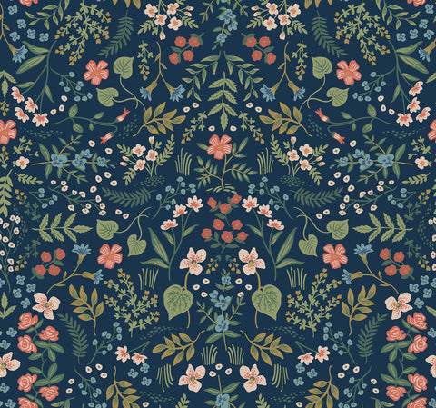 RI5154 Navy Blue Pink Green Wildwood Rifle Paper York Wallpaper