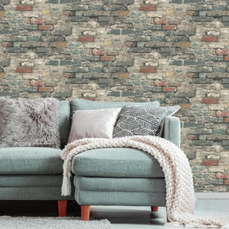 RMK11080WP Rust Taupe Grey Brick Alley Peel & Stick Wallpaper