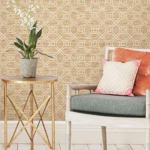 RMK11191WP Beige Coastal Trellis Faux Grasscloth Peel & Stick Wallpaper