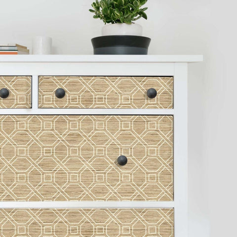 RMK11191WP Beige Coastal Trellis Faux Grasscloth Peel & Stick Wallpaper