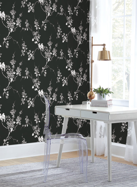 SS2589 Black White Imperial Blossoms Branch Wallpaper