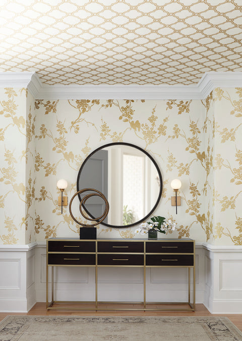 SS2590 Metallic Gold White Imperial Blossoms Branch Wallpaper