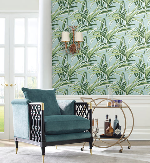 TC2603 Green Light Blue Tropical Paradise Wallpaper