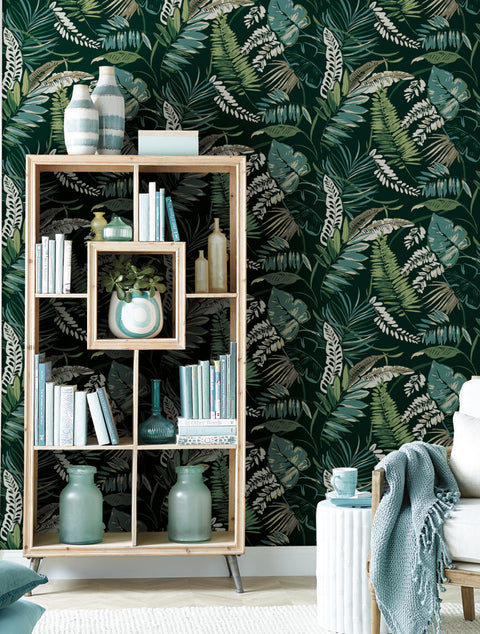TC2621 Dark Green Tropical Toss Wallpaper