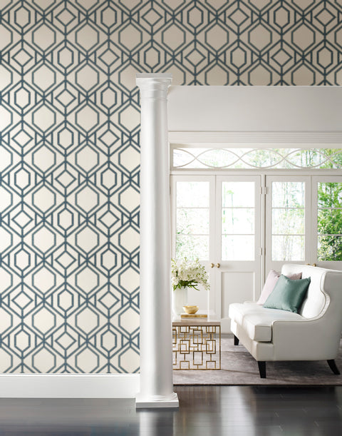 TC2634 White Blue Sawgrass Trellis Wallpaper