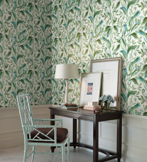 TC2654 White Aqua Tropical Love Birds Wallpaper