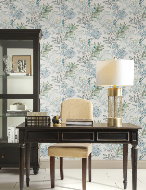 TL1926 Turquiose Handpainted Songbird Wallpaper