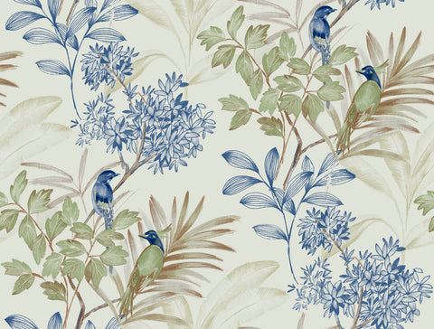 TL1928 Green/Blue Handpainted Songbird Wallpaper