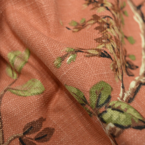 Close-up of Joybird 376 Clay fabric pattern with birds on vine and carnation flowers