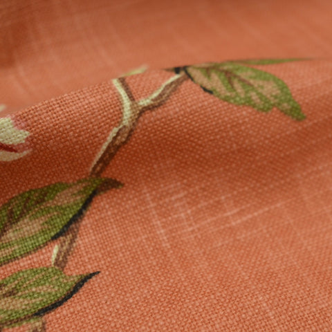 Close-up of Joybird 376 Clay fabric pattern with birds on vine and carnation flowers