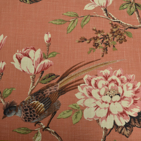 Bird print cotton fabric Joybird 376 Clay showing birds and floral motifs
