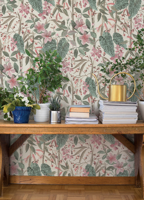 4202-538212 Kalina Teal Floral Fruits Wallpaper