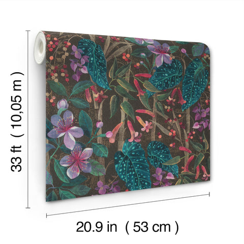 4202-538236 Kalina Black Floral Fruits Wallpaper