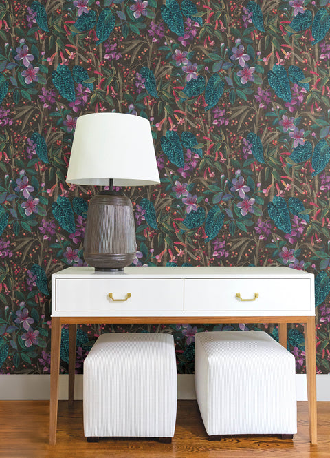 4202-538236 Kalina Black Floral Fruits Wallpaper