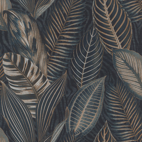 4202-751840 Acacius Dark Blue Tropical Foliage Wallpaper