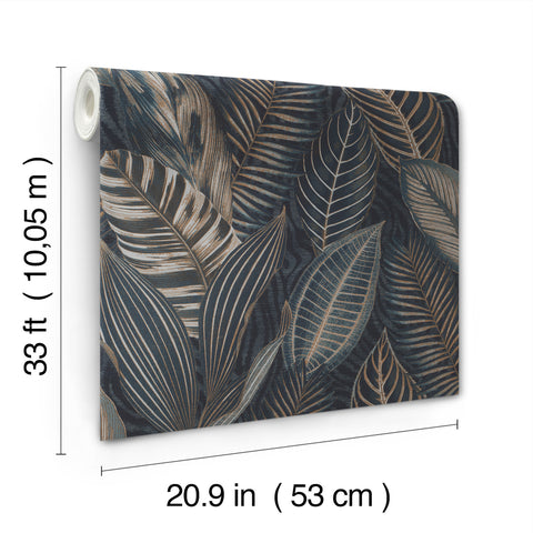 4202-751840 Acacius Dark Blue Tropical Foliage Wallpaper